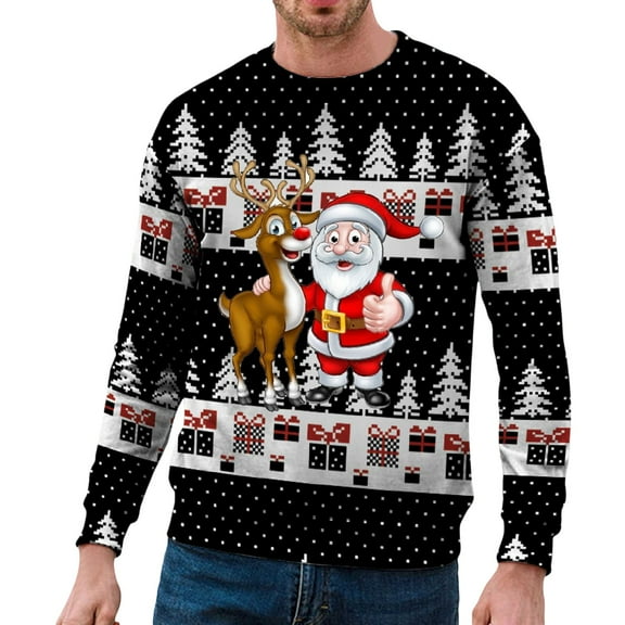 XDZJLR Mens Christmas Sweatshirt Winter Casual Trend Xmas Printed Pullover Crewneck Hoodie Warm Dailywear Dark Blue L