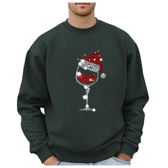 XDZJLR Mens Christmas Sweatshirt Xmas Glass Themed Casual Hoodless Sweatshirt Soft Dailywear Dark Green L