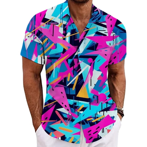 XDZJLR Mens Dress Shirt 80S Vintage Shirt Tropical Print Short Sleeve Button Up Shirt Casual Summer Beachwear For Disco Party Nightclub Prom L