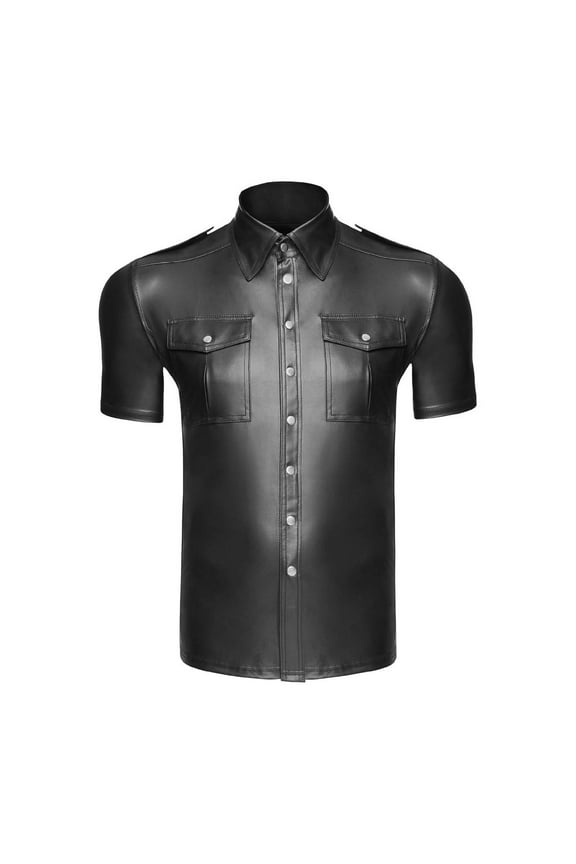 Mens Dress Shirt Leather Short Sleeve Button Down Shirt Stage Performance Clothing For Disco Party Nightclub Prom M