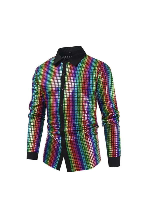 Mens Dress Shirt Sparkly 70S Gold Silver Rainbow Plaid Sequins Print Long Sleeve Button Down Shirts For Disco Party Nightclub Prom L