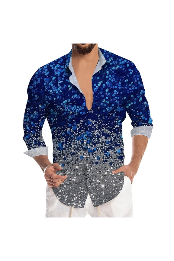 Mens Dress Shirt Sparkly Glitter Sequin Print Shirt Long Sleeve Casual Button Down Festival Celebration For Disco Party Nightclub Prom M