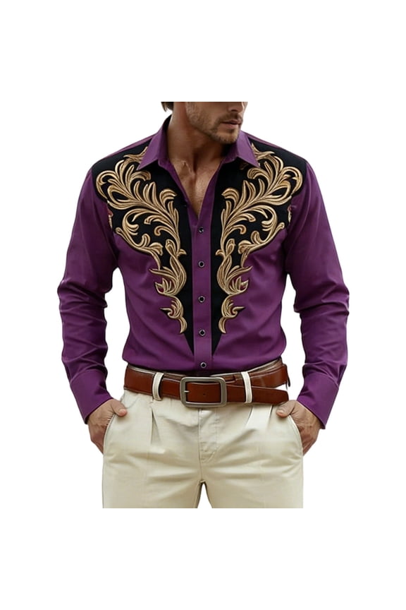 Mens Dress Shirts Print Long Sleeve Shirt Festive Western Cowboy Button Up Top Casual Parties For Disco Party Nightclub Prom L