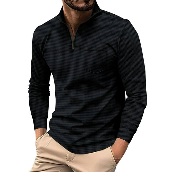 XDZJLR Mens Polo Shirt Fashion Casual Simple Solid Color Zip V Neck Slim Long Sleeve Shirts for Men