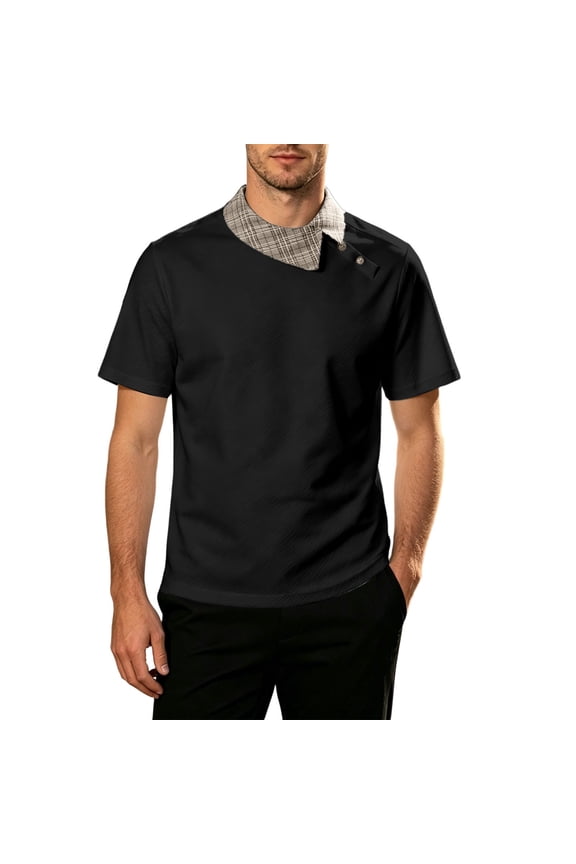 Mens Polo Shirts Asymmetrical Button Placket Checkered Collar Short Sleeve Tops Mens T Shirts S-Xl