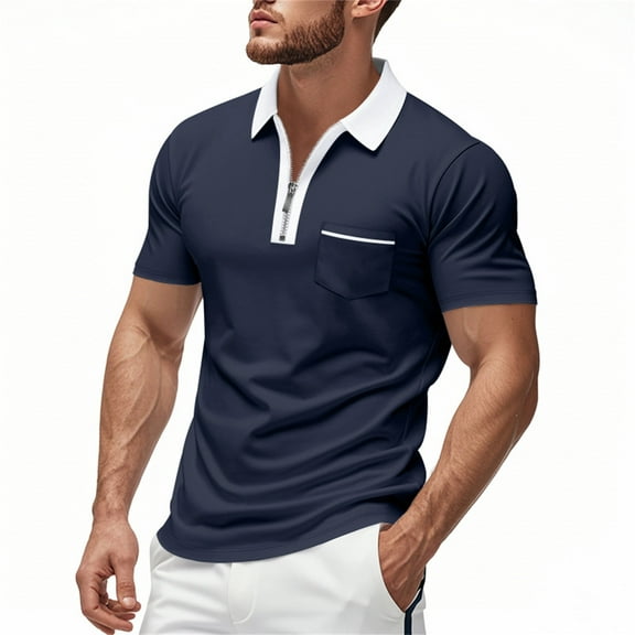 XDZJLR Mens Polo Shirts Shirts Short Sleeve Zipper Down Collar Gradient Tees Dressy Casual Business Work Tshirt Tops Blouse Navy Xxl