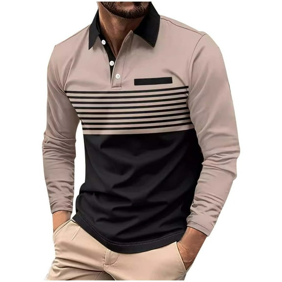 XDZJLR Mens Polo Shirts Striped Long Sleeve Lapel Button Casual Pocket T Shirt Fashion Shirt Pullover Tops