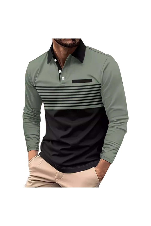 Mens Polo Shirts Striped Long Sleeve Lapel Button Casual Pocket T Shirt Fashion Shirt Pullover Tops