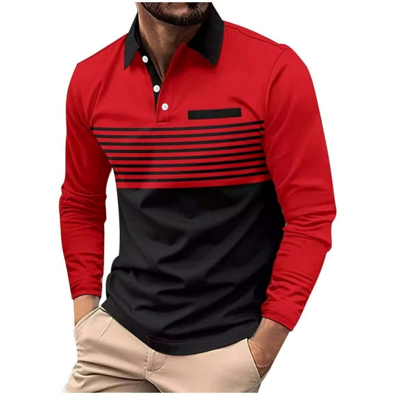 XDZJLR Mens Polo Shirts Striped Long Sleeve Lapel Button Casual Pocket T Shirt Fashion Shirt Pullover Tops