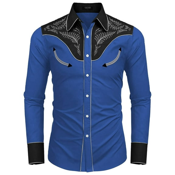 XDZJLR Mens Shirts Long Sleeve Lapel Fashion Western Cowboy Embroidered Slim Fit Casual Button Down With Pockets Tops