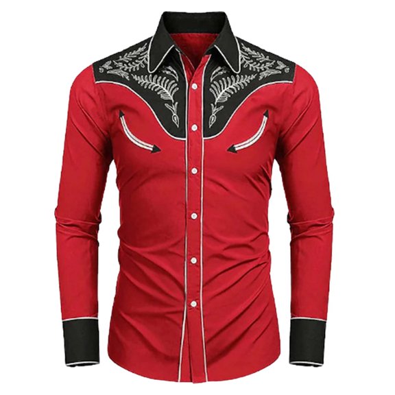 XDZJLR Mens Shirts Long Sleeve Lapel Fashion Western Cowboy Embroidered Slim Fit Casual Button Down With Pockets Tops