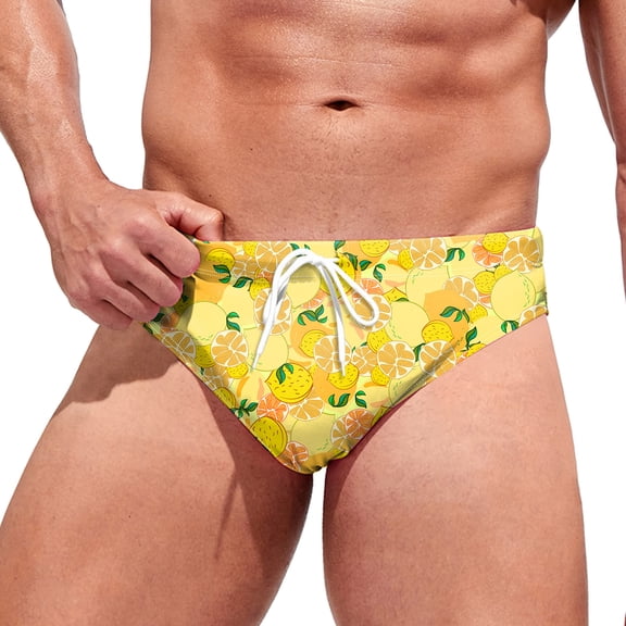 XDZJLR Mens Swim Briefs Summer Printed Swimwear Shorts Slim Swimsuit Briefs Breathable Beachwear Yellow
