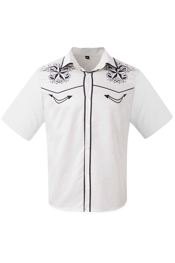 Mens T Shirts Western Cowboy Embroidered Short Sleeve Lapel Slim Fit Casual Button Down With Pockets Tees