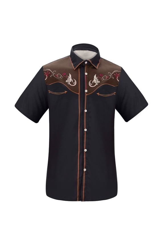 Mens T Shirts Western Cowboy Embroidered Short Sleeve Lapel Slim Fit Casual Button Down With Pockets Tees
