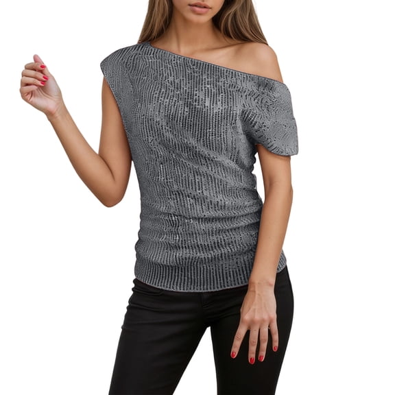 XDZJLR One Shoulder Sequin Sparkly Tops For Women Casual Loose Long Sleeve Elegant Glitter Shirts Blouses For Dressy Party Concert Disco S-Xxxl Grey