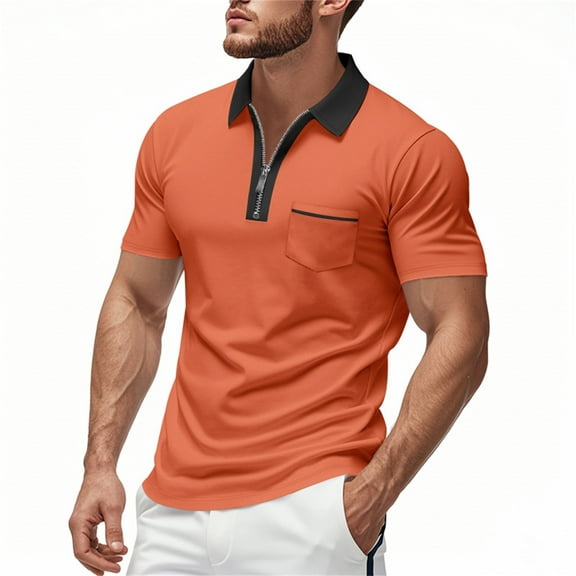XDZJLR Polo Shirts For Men Shirts Short Sleeve Zipper Down Collar Gradient Tees Dressy Casual Business Work Tshirt Tops Blouse Orange Xxxl