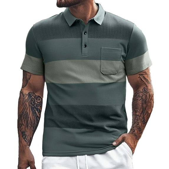 XDZJLR Polo Shirts For Men Color Blocked Striped Lapel Button Open Neck Pocket Top Casual Loose Comfortable Trendy Business Sports Short Sleeved Shirt Blouse Green Xl