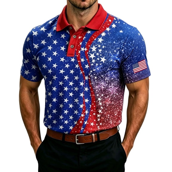 XDZJLR Polo T Shirts For Men July 4Th Independence Day Print Button Front Short Sleeve Tee Summer Casual Weekend Casual Tops Big And Tall Mens Golf Shirts S-6Xl