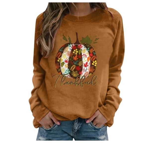 XDZJLR Thanksgiving Shirts For Women Print Long-Sleeved Sweatshirt Casual Blouse Pullover Tops Brown Xl