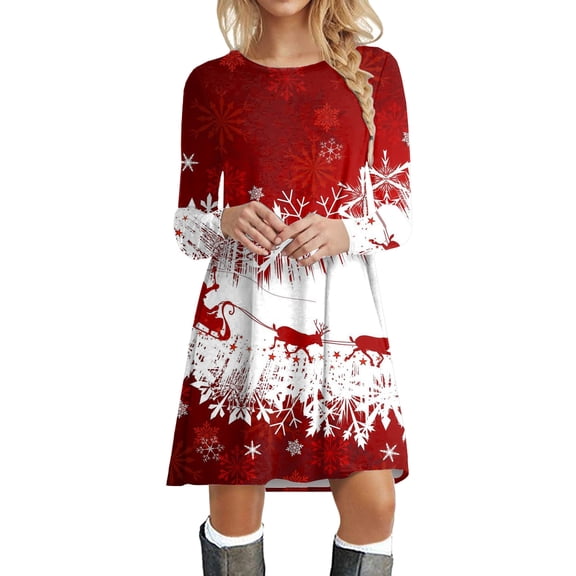 XDZJLR Women Christmas Dress Xmas Swing Mini Dress Xmas Print Casual Dresses White Xl