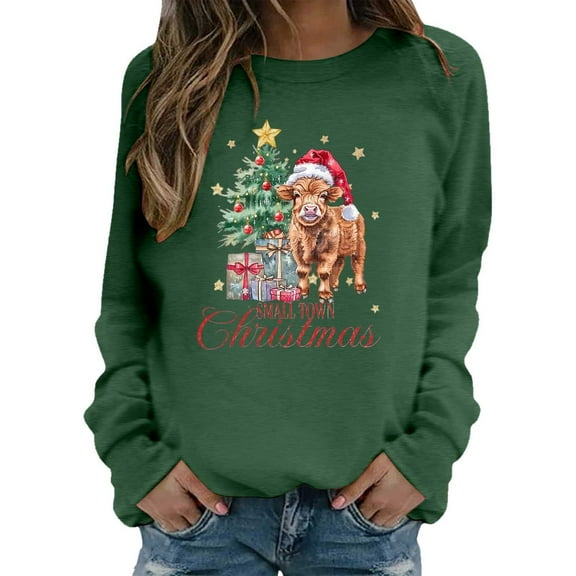 XDZJLR Women Christmas Shirt Cow Holiday Print Sweatshirt Festive Western Graphic Pullover Top Casual Soft Crewneck Shirt Green L
