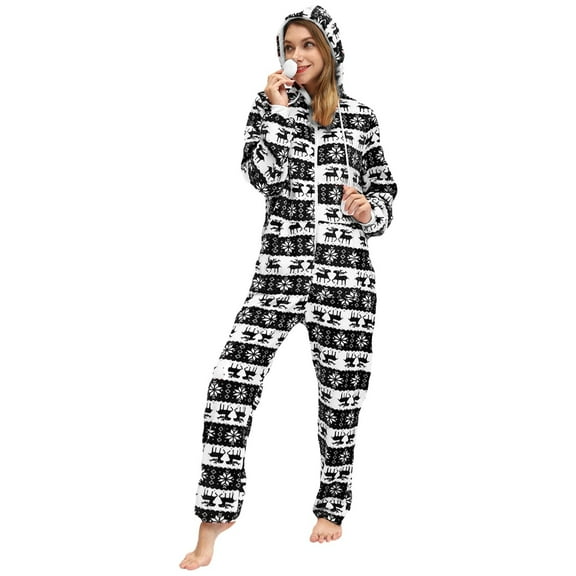 XDZJLR Womens Christmas Pajamas Xmas Hooded Jumpsuit Rompers Clubwear Plush Onesie Pjs Womens Sleepwear Black Xxl
