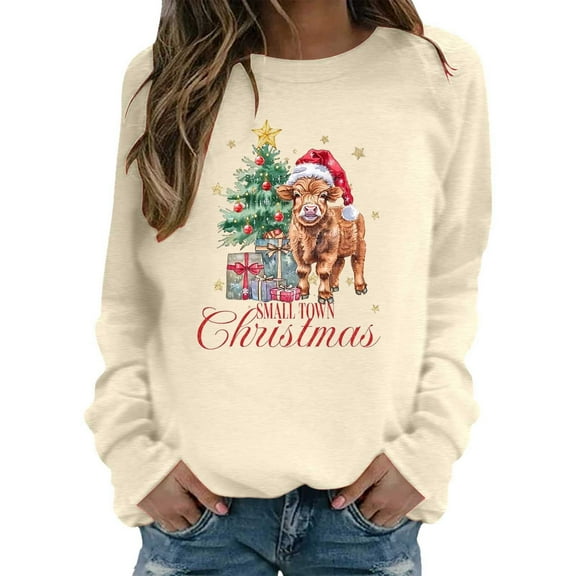 XDZJLR Womens Christmas Shirt Cow Holiday Print Sweatshirt Festive Western Graphic Pullover Top Casual Soft Crewneck Shirt Beige Xl