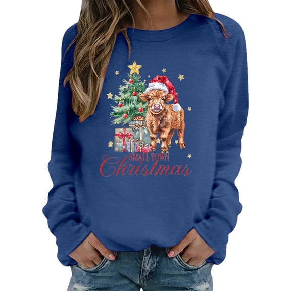 XDZJLR Womens Christmas Shirt Cow Holiday Print Sweatshirt Festive Western Graphic Pullover Top Casual Soft Crewneck Shirt Blue M