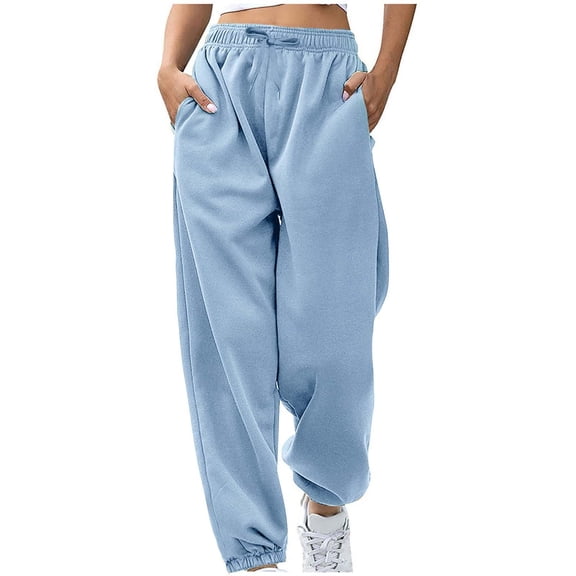 XDZJLR Womens Fleece Sweatpants Fashion Waistband Rope Pocket Fleece Home Casual Sports Loose Leg Pants Sweat Pants For Womens Light Blue M