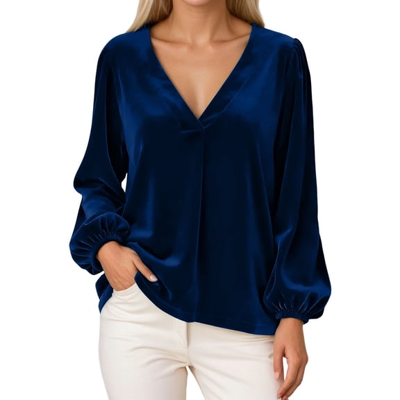 XDZJLR Womens Long Sleeve Velvet Tops Casual Loose V Neck Elegant Blouses For Dressy Party S-Xxxl Blue