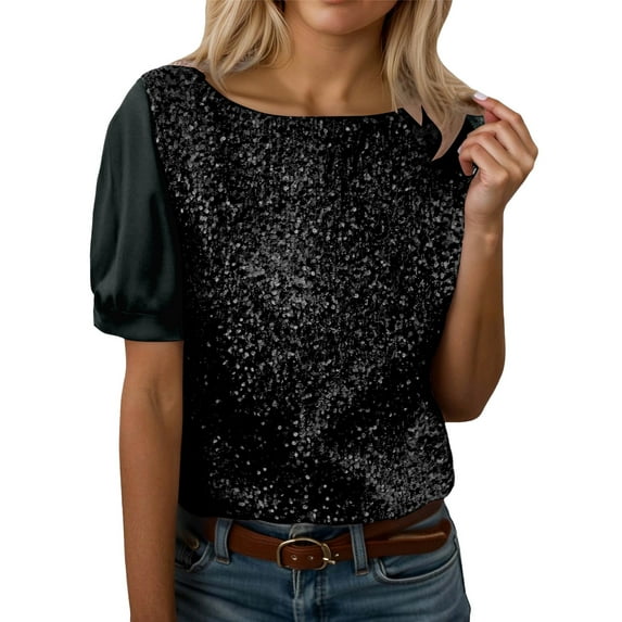 XDZJLR Womens Sparkly Sequin Tops Casual Loose Long Sleeve Crew Neck Elegant Glitter Shirts Blouses For Dressy Party Concert Disco S-Xxxl Black
