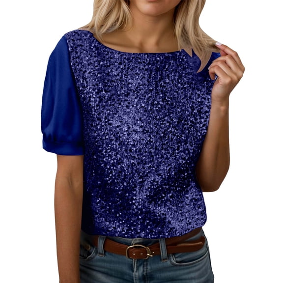 XDZJLR Womens Sparkly Sequin Tops Casual Loose Long Sleeve Crew Neck Elegant Glitter Shirts Blouses For Dressy Party Concert Disco S-Xxxl Blue