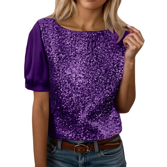 XDZJLR Womens Sparkly Sequin Tops Casual Loose Long Sleeve Crew Neck Elegant Glitter Shirts Blouses For Dressy Party Concert Disco S-Xxxl Purple