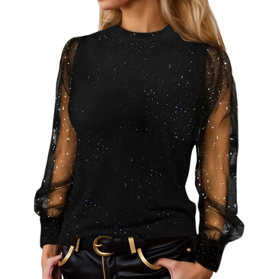XDZJLR Womens Sparkly Sequin Tops Casual Loose Long Sleeve Crew Neck Mesh Elegant Glitter Shirts Blouses For Dressy Party Concert Disco S-Xxl Black