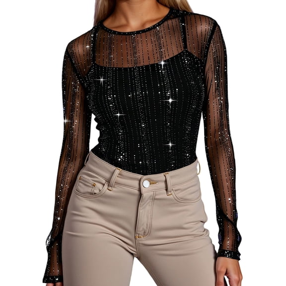 XDZJLR Womens Sparkly Sequin Tops Casual Loose Long Sleeve Crew Neck Mesh Elegant Glitter Shirts Blouses For Dressy Party Concert Disco S-Xxl Black