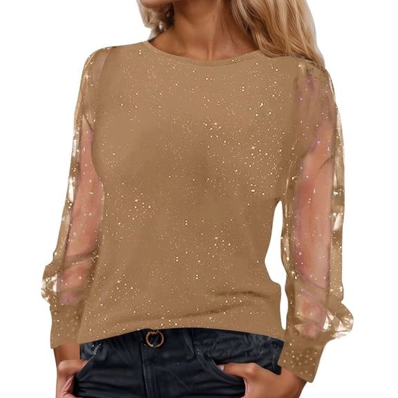 XDZJLR Womens Sparkly Sequin Tops Casual Loose Long Sleeve Crew Neck Mesh Elegant Glitter Shirts Blouses For Dressy Party Concert Disco S-Xxl Khaki