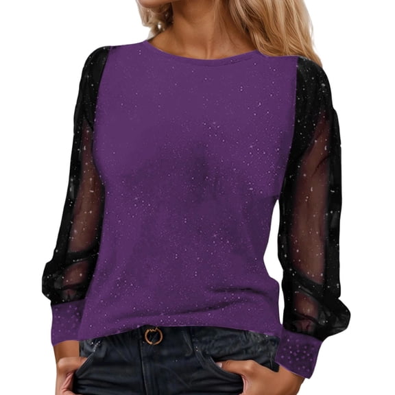XDZJLR Womens Sparkly Sequin Tops Casual Loose Long Sleeve Crew Neck Mesh Elegant Glitter Shirts Blouses For Dressy Party Concert Disco S-Xxl Purple