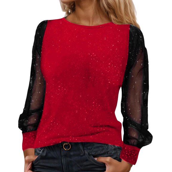 XDZJLR Womens Sparkly Sequin Tops Casual Loose Long Sleeve Crew Neck Mesh Elegant Glitter Shirts Blouses For Dressy Party Concert Disco S-Xxl Red