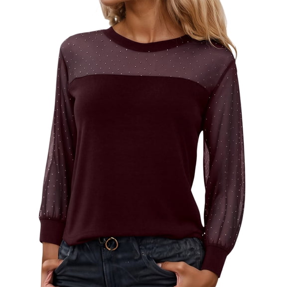 XDZJLR Womens Sparkly Sequin Tops Casual Loose Long Sleeve Crew Neck Mesh Elegant Glitter Shirts Blouses For Dressy Party Concert Disco S-Xxxxxl Red