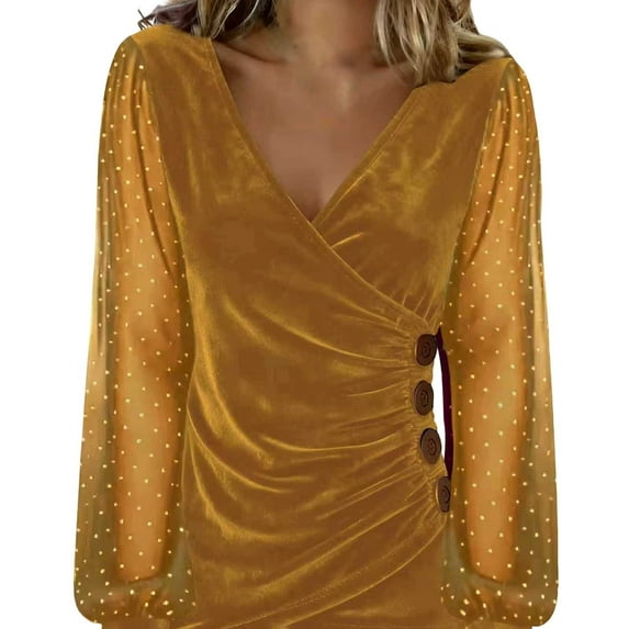 XDZJLR Womens Sparkly Sequin Tops Casual Loose Long Sleeve V Neck Mesh Elegant Glitter Shirts Blouses For Dressy Party Concert Disco S-Xxxl Gold