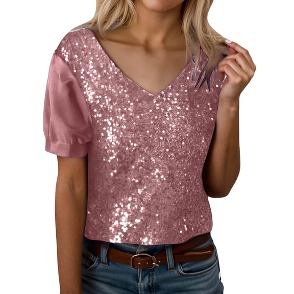 XDZJLR Womens Sparkly Sequin Tops Casual Loose Short Sleeve Crew Neck Elegant Glitter Shirts Blouses For Dressy Party Concert Disco S-Xxxl Red
