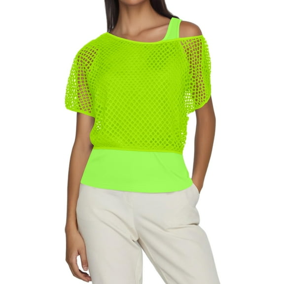 XDZJLR Womens T Shirt 1980S Neon Festival Fishnet Short Sleeve for Retro Party And Dance Events Tees