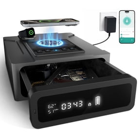 XDeer Biometric Gun Safe – Smart Nightstand Safe with Wireless Charging, Bluetooth App Control, 4 Ways Quick Access Fingerprint Lock, Auto Pop-Up Drawer for for Handgun and Pistol