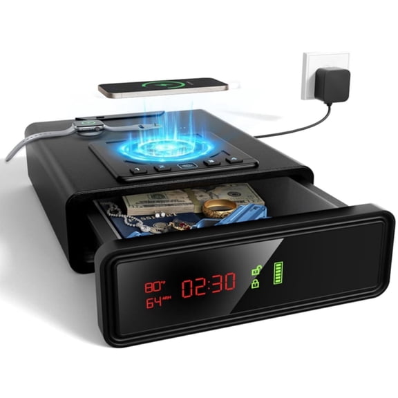 XDeer Biometric Safe - Smart Home Safe with Wireless Charging, Fingerprint & Keypad Entry, Auto Pop-Up Drawer, Digital Clock for Nightstand & Closet
