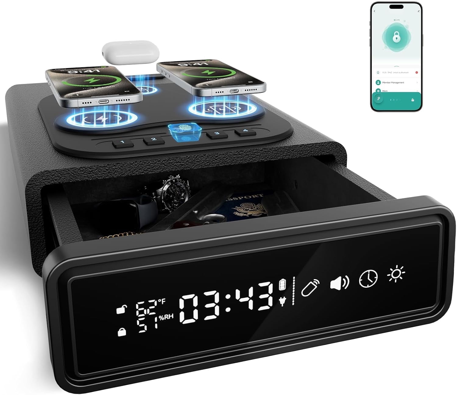 XDeer Saforo 0.1S Biometric Gun Safe 4-in-1 Unlock, 3-in-1 Wireless Charging, Smart Alarm Clock, LED Display, Perfect for Nightstand/Bedside/Home Gift for Gun Owners