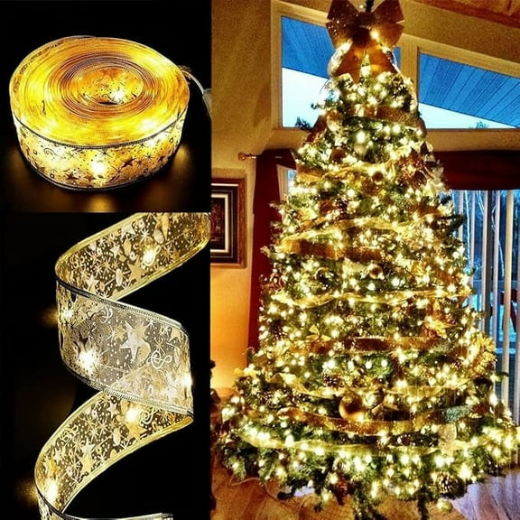 XDovet Ribbon Lights for Christmas Tree Decorations, 32ft 100 LED Lights Red Edge Wired Ribbon Fairy Lights for Christmas Tree Wedding Birthday Party Home Holiday Decorations,Gold