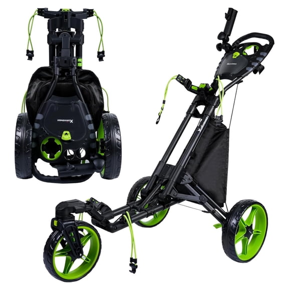 XDriveMax 360 Rotating 3 Wheel Foldable Golf Pull Push Cart for Clubs, Lightweight Aluminum Frame with Handle Lock, Umbrella Stand, Premium Storage, Green