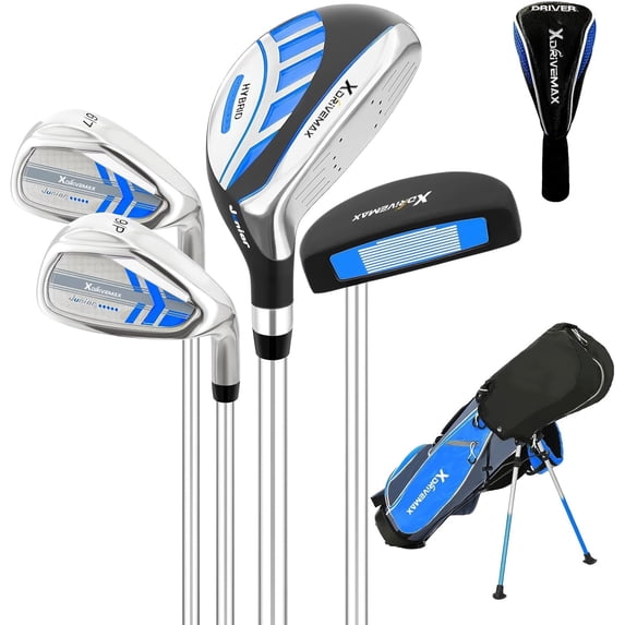 XDriveMax 4 Pieces Kids Golf Club Set, Junior Hybrid & Putter Set for Ages 4-8 with Stand Bag, Right Handed, Blue
