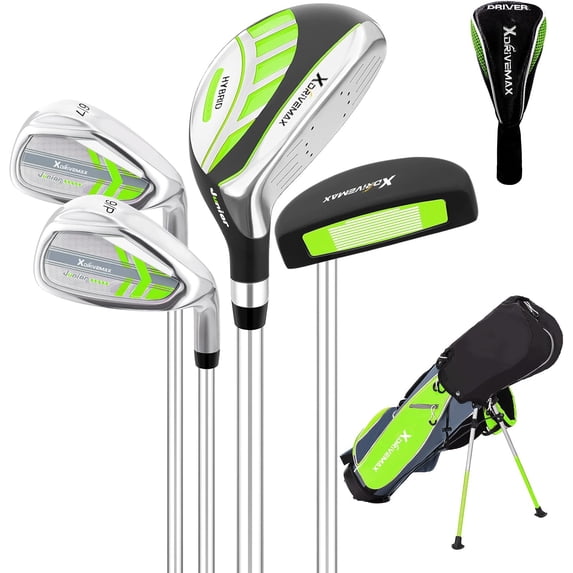 XDriveMax 4 Pieces Kids Golf Club Set, Junior Hybrid & Putter Set for Ages 4-8 with Stand Bag, Right Handed, Green