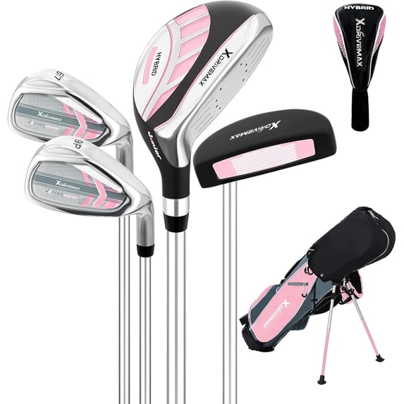 XDriveMax 4 Pieces Kids Golf Club Set, Junior Hybrid & Putter Set for Ages 4-8 with Stand Bag, Right Handed, Pink
